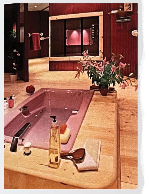 pink tub in a bathroom with wood floors