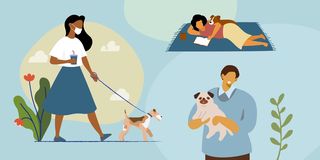 woman walking dog, man holding dog, woman reading on blanket next to dog