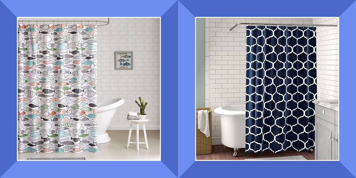 a colorful fish colored shower curtain and a shower curtain with a navy blue and white design