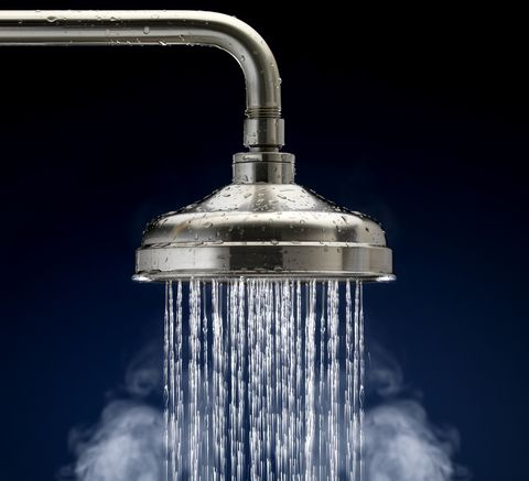 Shower Head with water droplets and steam, isolated