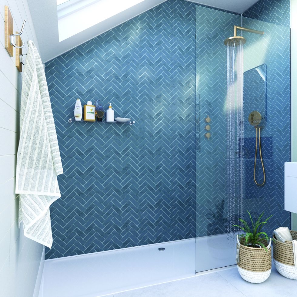 showerwall bathroom wall panelling in navy herringbone