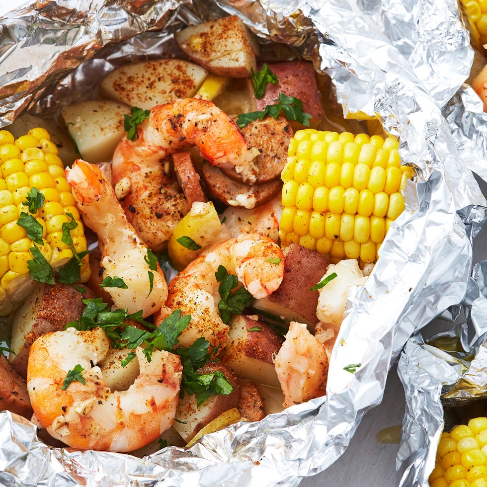 Shrimp Boil Foil Packs shrimp with corn and baby potatoes in a foil packet