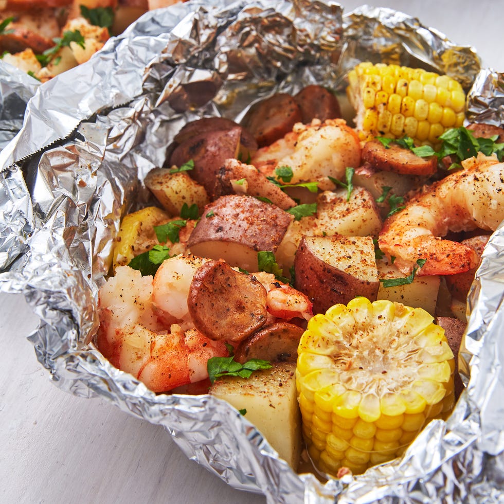 shrimp with corn and baby potatoes in a foil packet