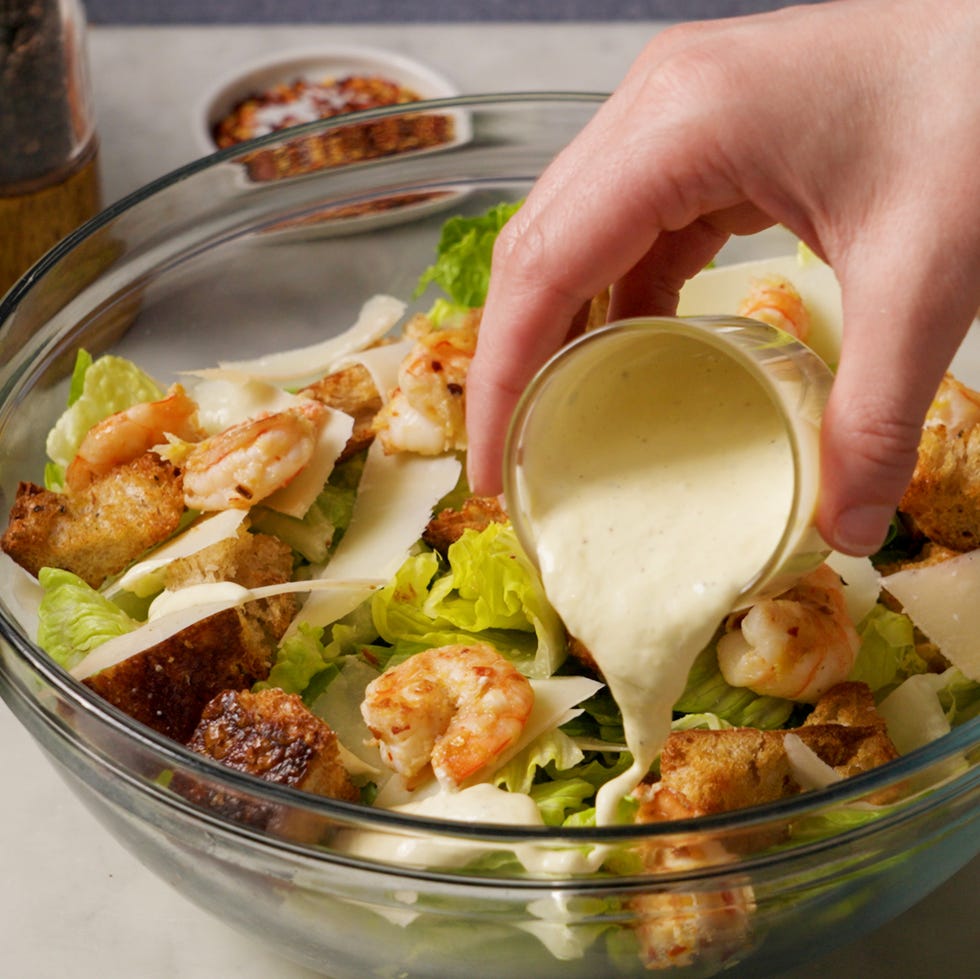 romaine, parmesan, and shrimp all tossed in a caesar dressing