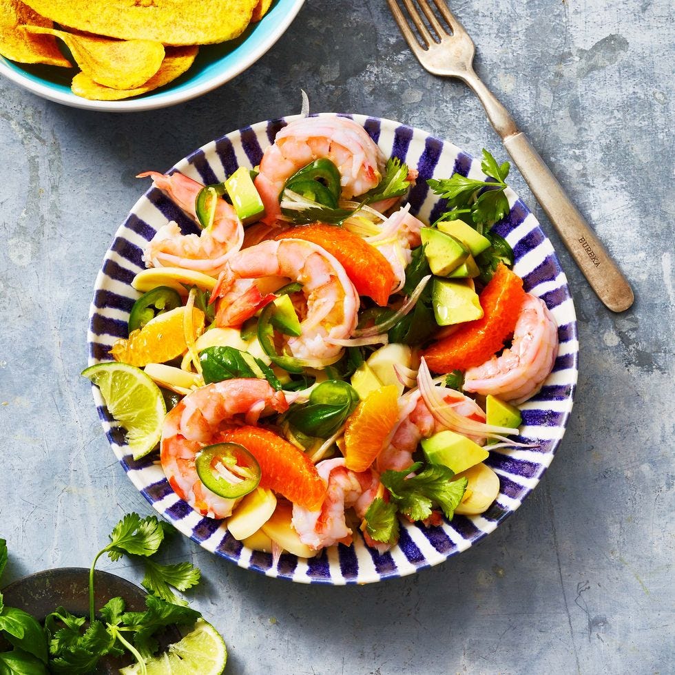 shrimp ceviche in blue and white bowl