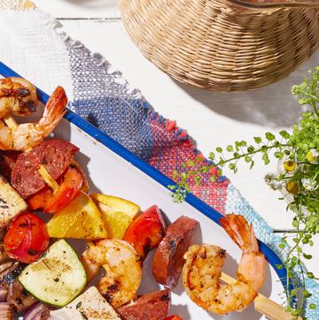 shrimp, pepper, and chorizo kebabs