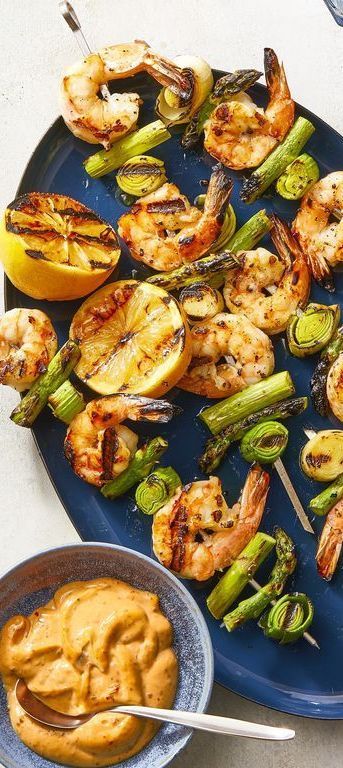 dinner ideas for two - Charred Shrimp, Leek, and Asparagus Skewers