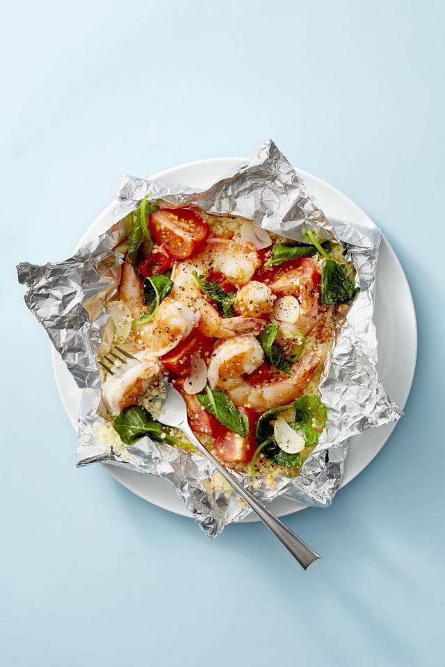 shrimp packets with kale couscous