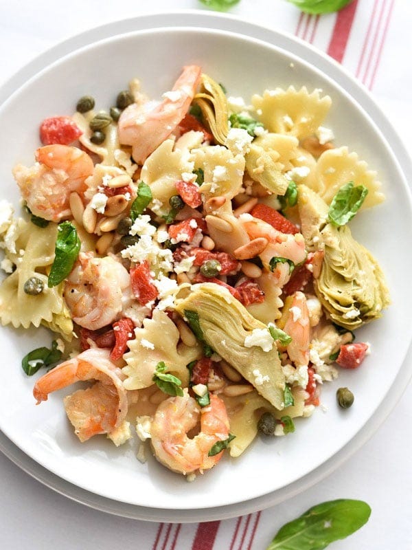 shrimp pasta with roasted red peppers and artichokes