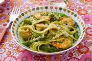 shrimp pesto pasta with asparagus