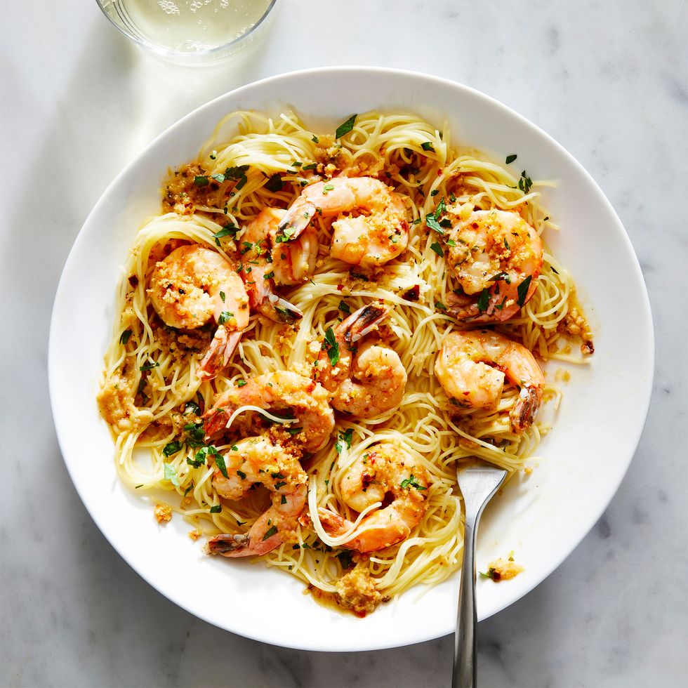 shrimp scampi tossed with breadcrumbs, fresh parsley, and red pepper flakes