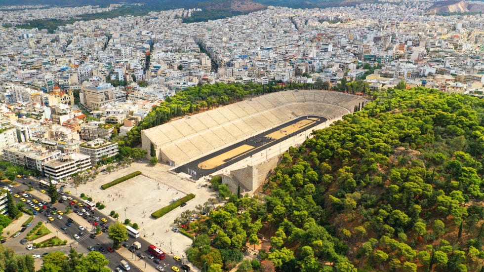 aerial drone photo of iconic ancient panathenaic stadium or kalimarmaro birthplace of the original olympic games, athens historic centre, attica, greece shutterstock id 1516033097 purchaseorder elle decoration job sharon o'neill client sophie donaldson other for sports stadium olympics feature, julyaugust 2024
