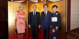 Japanese Prime Minister Shinzo Abe and his wife Akie Abe welcoming French President Emmanuel Macron and wife Brigitte Macron at the Cultural Program and Leaders’ Dinner welcome and photo session at the Osaka Geihinkan guest house during the G20 summit, in Osaka, Japan, 28 June 2019.