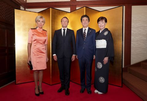 Japanese Prime Minister Shinzo Abe and his wife Akie Abe welcoming French President Emmanuel Macron and wife Brigitte Macron at the Cultural Program and Leaders’ Dinner welcome and photo session at the Osaka Geihinkan guest house during the G20 summit, in Osaka, Japan, 28 June 2019.