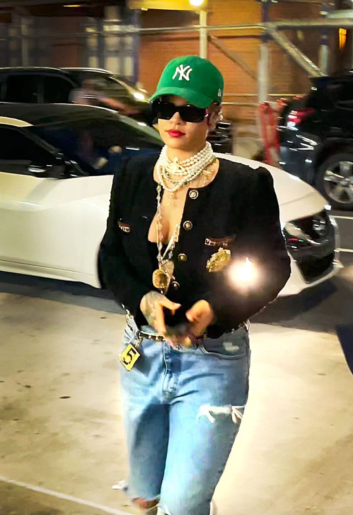 Rihanna Makes Grocery Store Runs Look Cool Wearing Tweed Jacket, Distressed  Jeans, and Green Baseball Cap Paired Chain and Pearl Accessories – Fashion  Bomb Daily