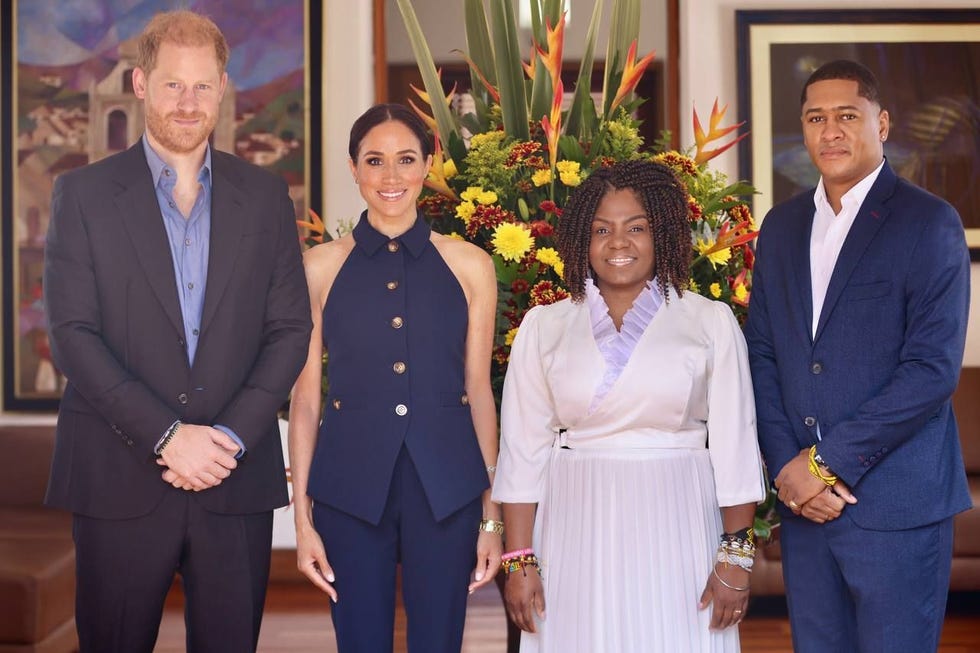 editorial use only image only available to illustrate the accompanying news mandatory credithandout no sales mandatory credit photo by vicepresidencia de colombia handoutepa efeshutterstock 14637903a a handout photo made available by the vice presidency of colombia showing britains prince harry l and meghan 2 l, the duke and meghan duchess of sussex, posing during their meeting with colombian vice president francia marquez 2 r and her partner rafael yerney pinillo in bogota, colombia, 15 august 2024 the duke and meghan duchess of sussex are visiting colombia as representatives of their archewell foundation at the invitation of vice president marquez colombian vice president marquez meets with duke and duchess of sussex in bogota, colombia 15 aug 2024