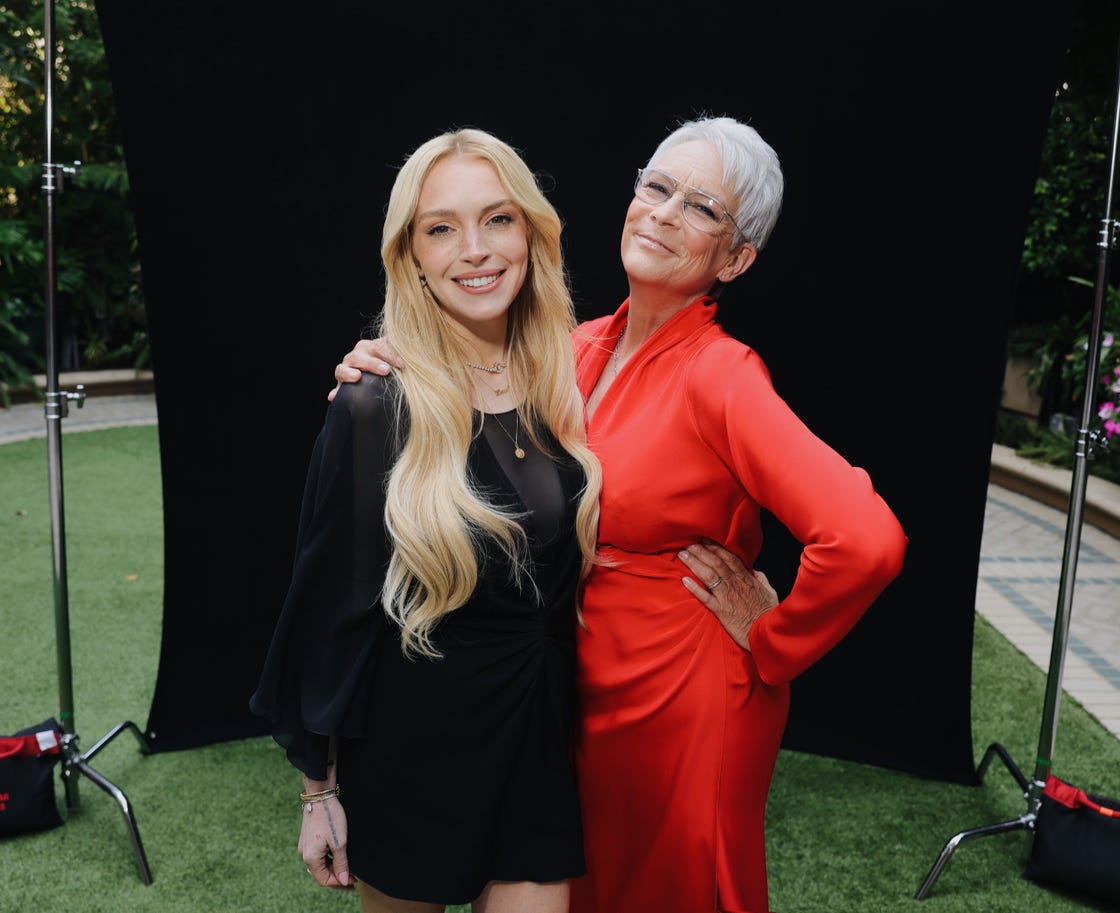 mandatory credit: photo by miles diggs for disney enterprises inc./shutterstock (15406405f) exclusive lindsay lohan and jamie lee curtis attends disneys freakier friday press junket exclusive lindsay lohan attends disneys freakier friday press junket, los angeles, california 19 jul 2025