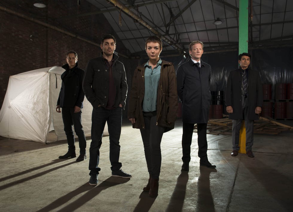 editorial use only mandatory credit: photo by des willie/shutterstock (5212893d) ds lee miekel [andrew knott] jack clark [matthew mcnulty], jo gillespie [sheridan smith], ds william hepburn [douglas henshall] and dci jahan kapoor [ace bhatti]. black work tv programme. may 2015