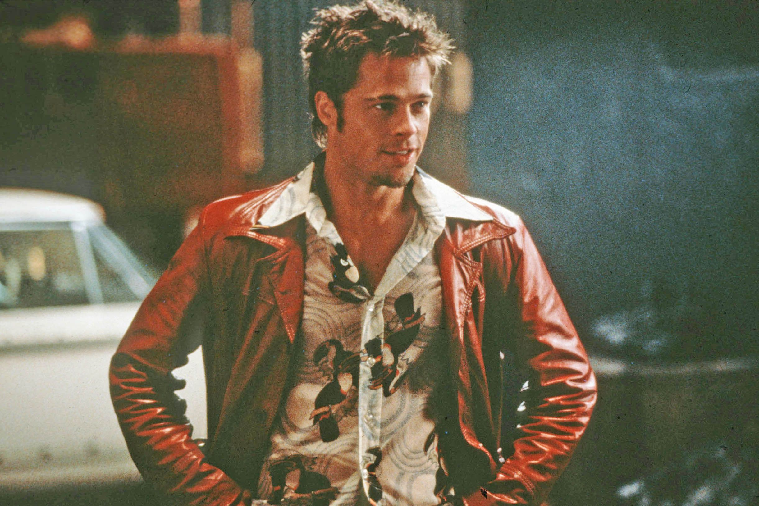 Fight Club Brad Pitt in red leather jacket faces Edward Norton 8x10 inch  photo - Moviemarket