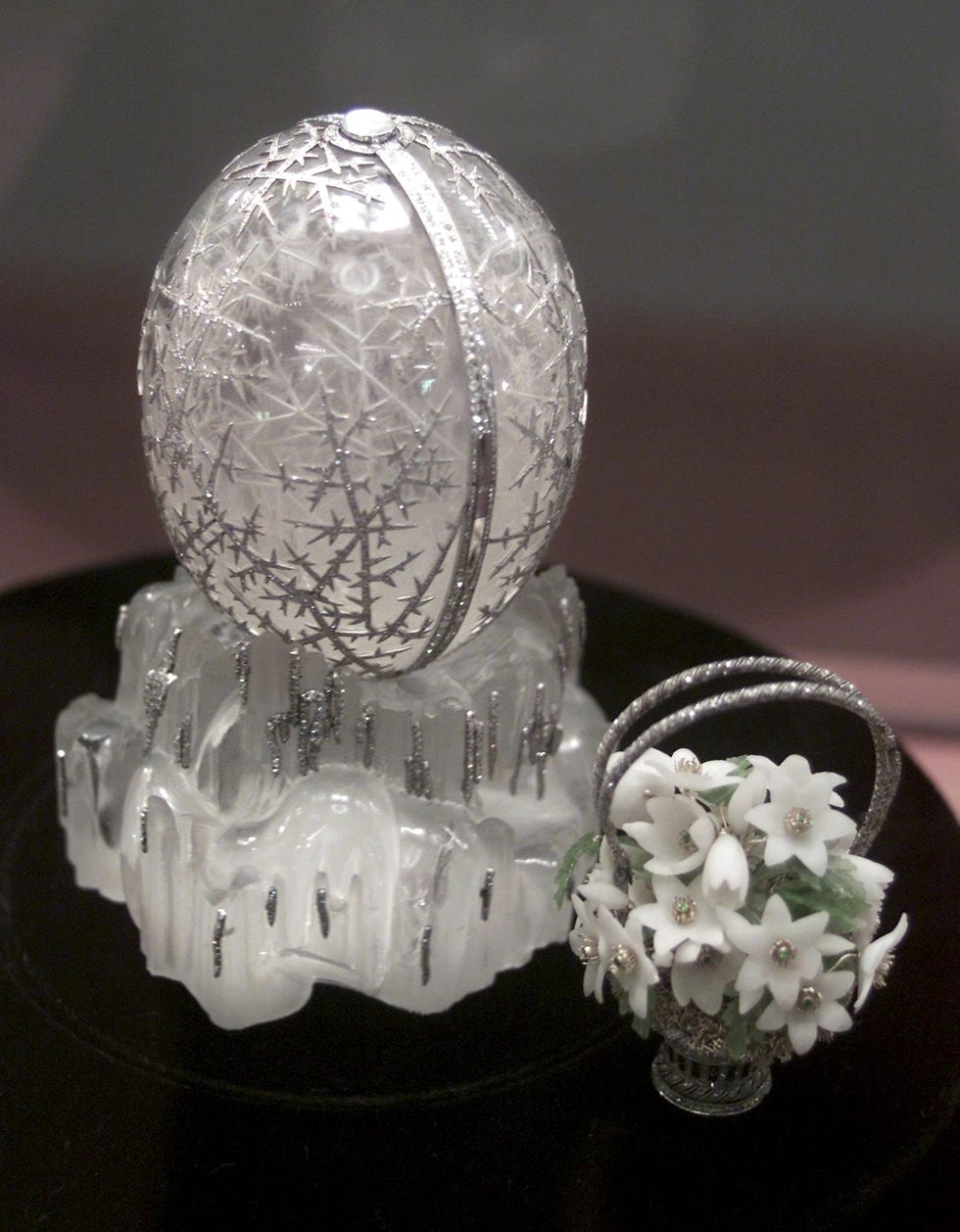 mandatory credit photo by sergei ilnitskyepashutterstock 7670680b
moscow russian federation  a photo showing the winter imperial easter egg by the world famous faberge jewelry manufacturers exhibited at the state pushkin museum in moscow 27 march 2002 christies auction house are displaying pieces of faberge jewelry which will be sold in an auction in new york in april 2002
russia faberge exhibition  mar 2002