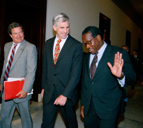mandatory credit photo by greg gibsonapshutterstock 6558782aclarence thomas, christopher bond judge clarence thomas, right, nominated to be as associate justice of the us supreme court, waves off reporters questions while making the rounds on capitol hill in washington,  thomas is accompanied by senators christopher bond, r mo, left, and john danforth, r mo in 1974, thomas was a lawyer in then missouri attorney general john danforths officejudge clarence thomas and senators christopher bond, washington, usa
