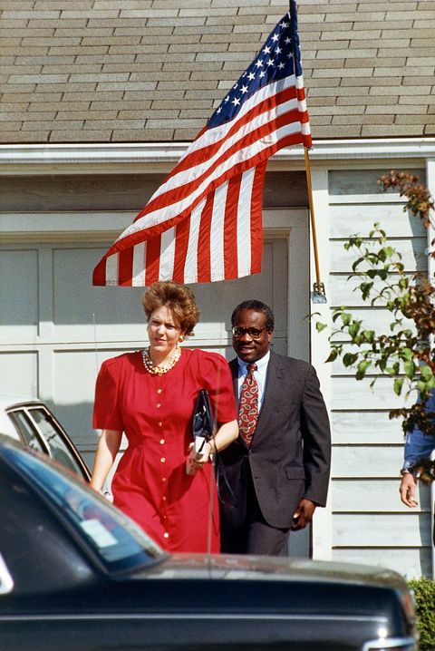 mandatory credit photo by barry thummaapshutterstock 5955304aclarence thomas, virginia thomas supreme court nominee clarence thomas and his wife, virginia, leave their alexandria, virginia, home, en route to the white house to meet with president bushclarence thomas with his wife virginia, alexandria, usa