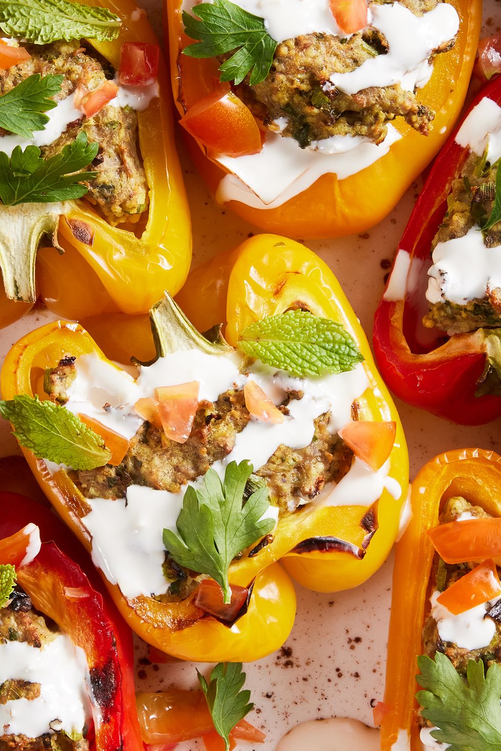 multicolored peppers stuffed with shawarma and drizzled with a cream sauce and mint