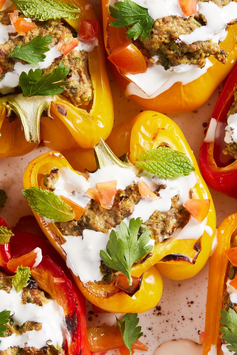 multicolored peppers stuffed with shawarma and drizzled with a cream sauce and mint