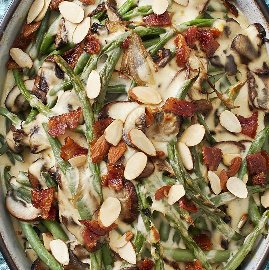 green bean mushroom casserole with candied bacon