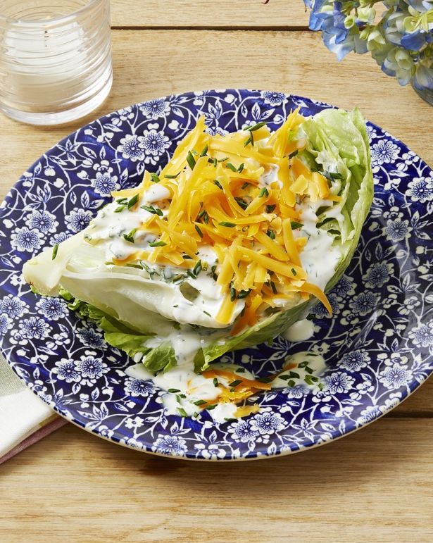 wedge salad on blue plate
