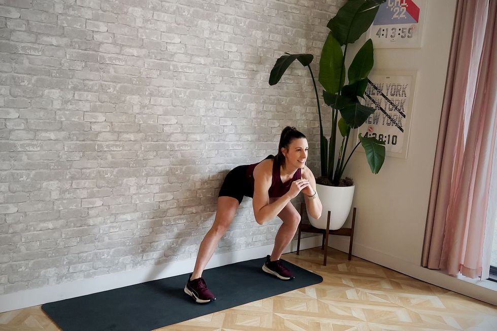 aerobic workout, amber rees perfumes the side lunge exercise
