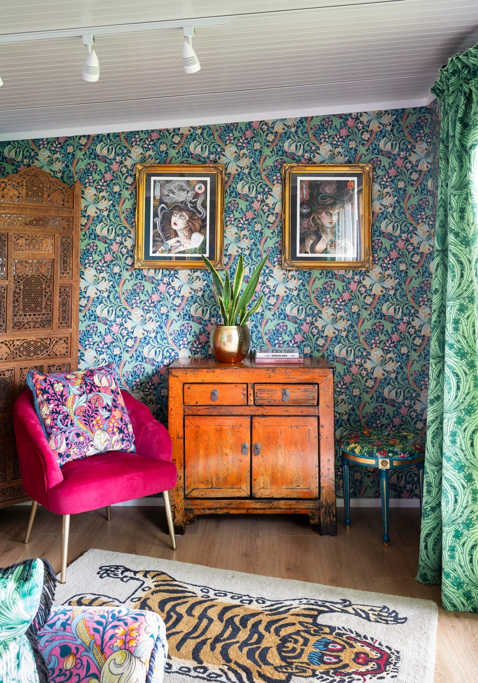 Garden room with William Morris wallpaper and vintage sideboard