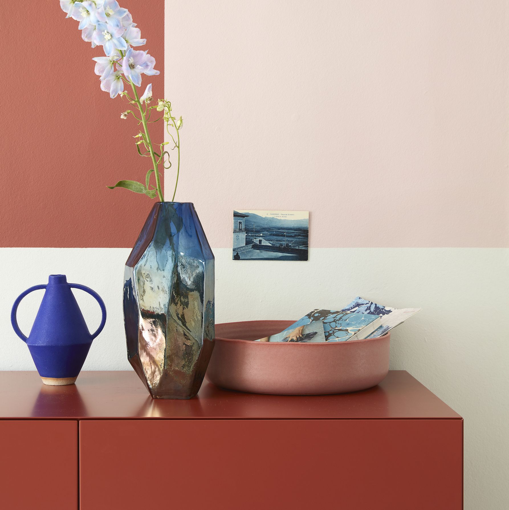 terracotta coloured cabinetsideboard, photography tim young, styling lorraine dawkins