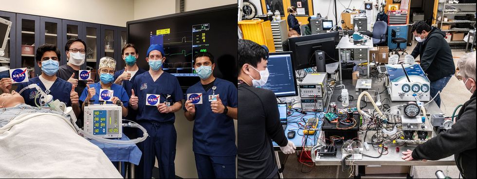 at left, doctors at the icahn school of medicine at mount sinai in new york city give a thumbs up after testing a ventilator prototype developed by nasa's jet propulsion laboratory in southern california at right, jpl engineers are working on the ventilator prototype for coronavirus patients