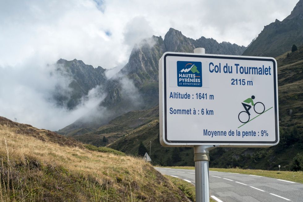 Sign telling angle of inclination for cyclists cycling the Col du Tourmalet.