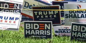 trump pence and biden harris signs are displayed outside the coral gables branch library in miami, florida on october 27, 2020 photo by chandan khanna  afp photo by chandan khannaafp via getty images