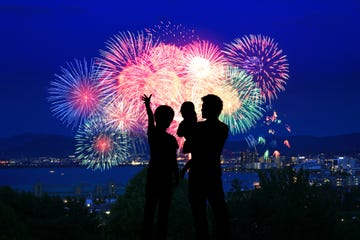 silhouette of family watching firework display