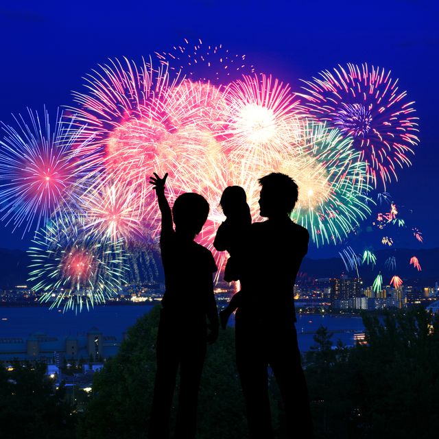 silhouette of family watching firework display