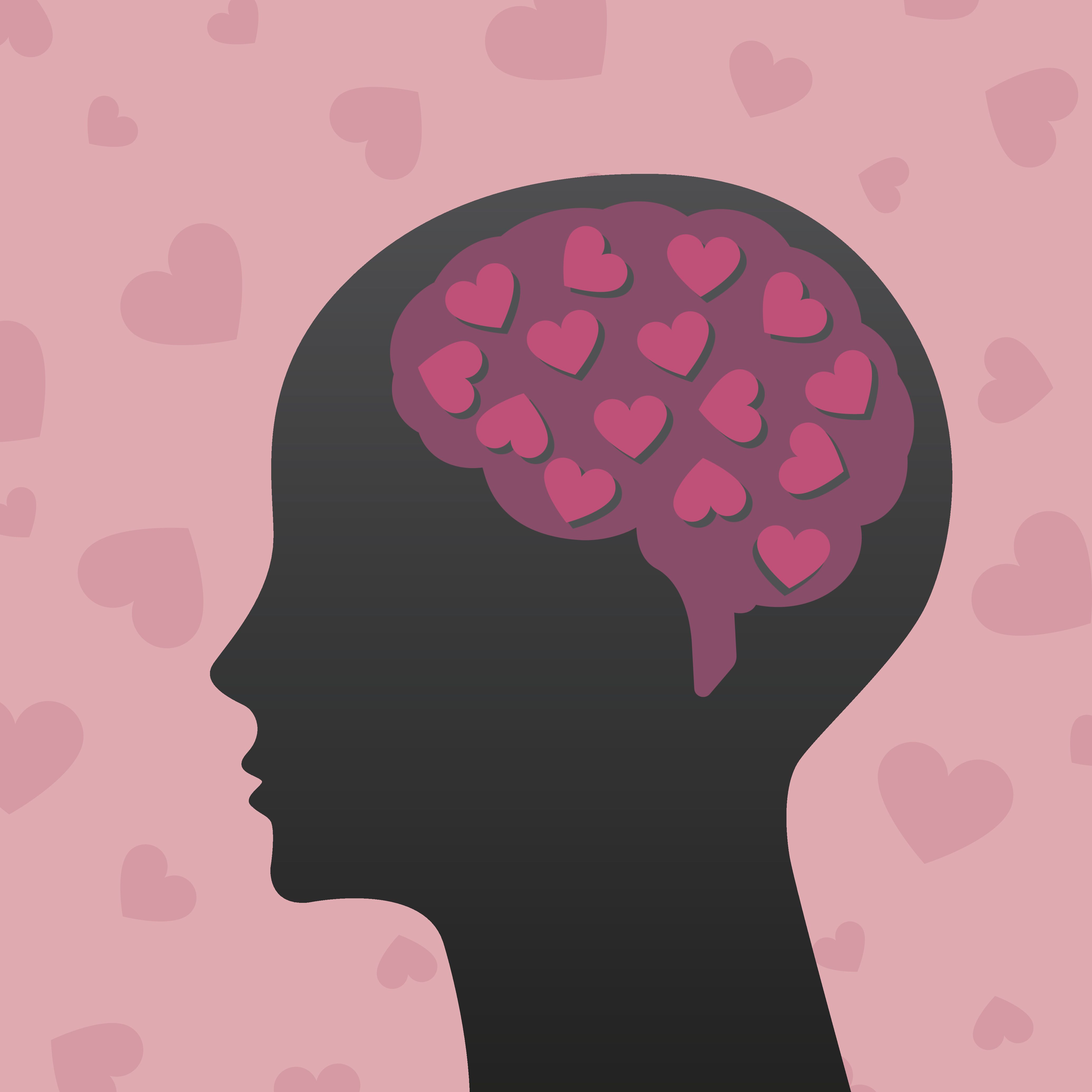 silhouette of human head with pink hearts
