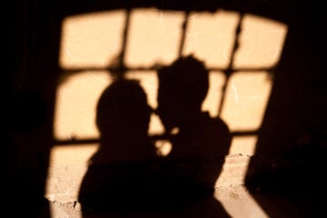 silhouette of lovers on the window shadows from a couple in love on the wall silhouette of the bride and groom on the wall