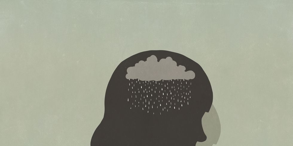 silhouette sad woman with rain clouds in head