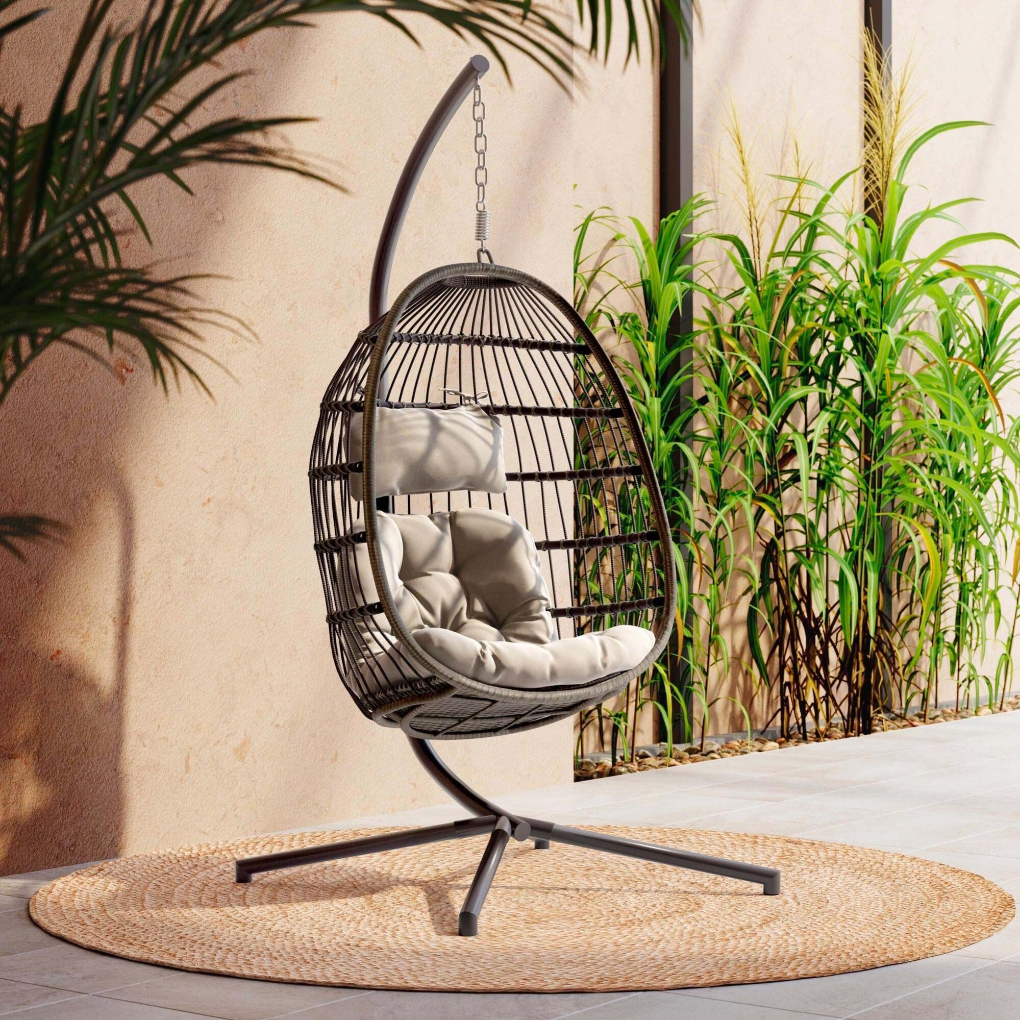 Silla columpio de huevo sin soporte, silla colgante de mimbre de ratán para  patio con cojín y almohada, silla hamaca plegable para interior