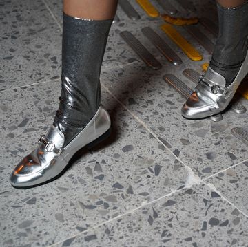 silver metallic loafers shoes with metallic sock close up