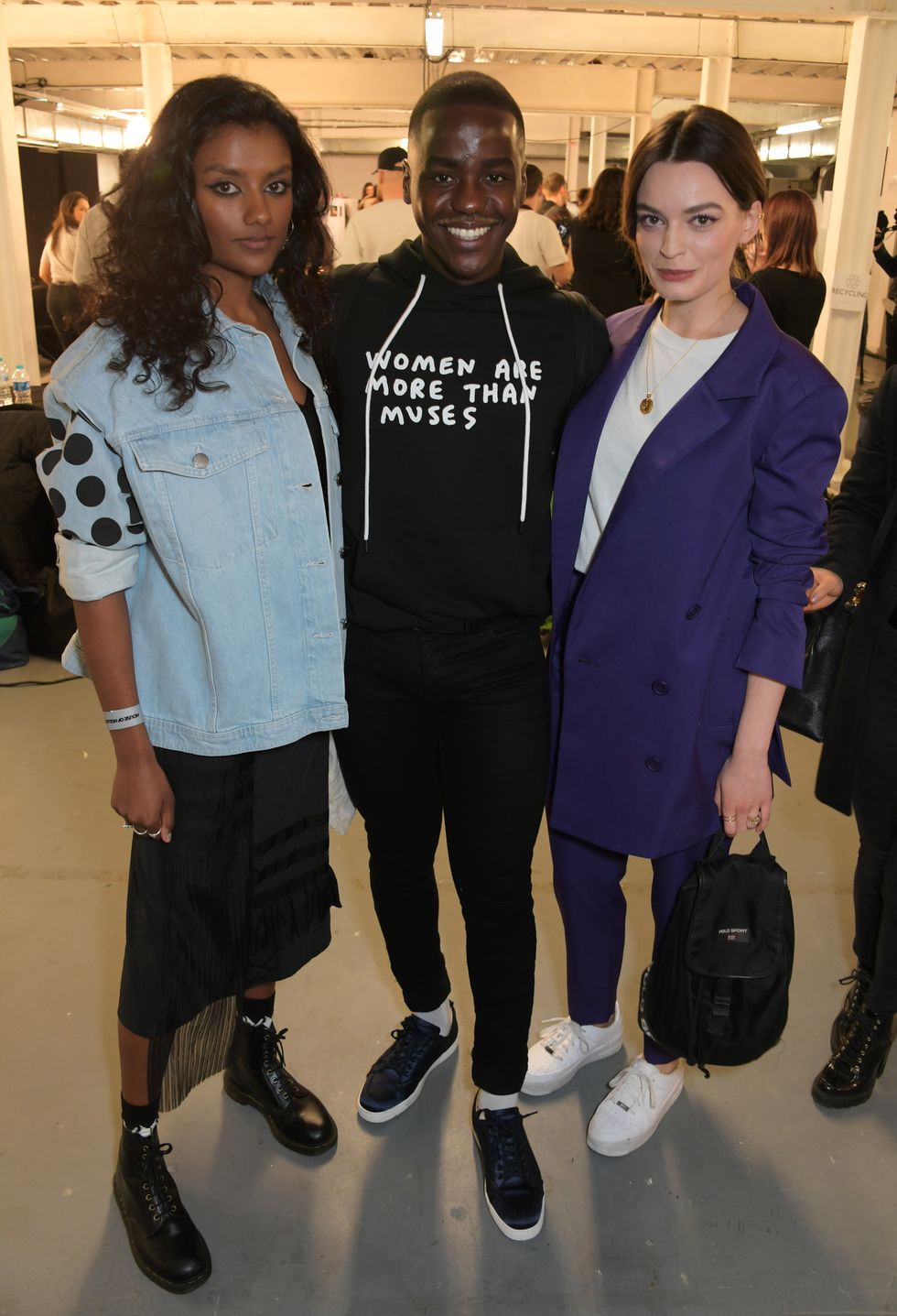 london, england   february 16 l to r simone ashley, ncuti gatwa and emma mackey attend the house of holland aw19 london fashion week catwalk show, showcasing the limited edition vype epen 3  vaping pendant created by henry holland as part of his collaboration with the e cigarette brand, at ambika p3 on february 16, 2019 in london, england  photo by david m benettdave benettgetty images for vype