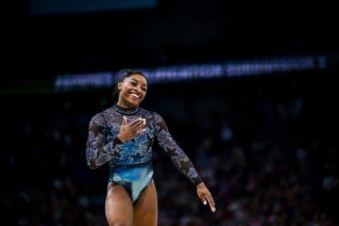 paris, france july 28 simone biles from team united states reacts after her exercise on the balance beam during day two of the olympic games paris 2024 at the bercy arena on july 28, 2024 in paris, france photo by tom wellervoigtgettyimages