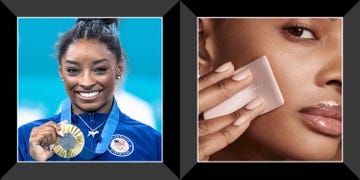 simone biles holding up gold medal, fenty setting powder