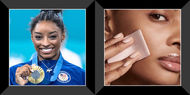 simone biles holding up gold medal, fenty setting powder
