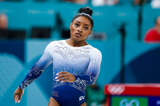 simone biles after falling off the beam at the artistic gymnastics olympics games paris 2024 day 10