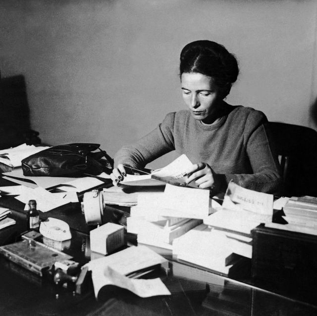 france january 02 the french writer simone de beauvoir seated, reading at her desk in 1953 photo by keystone francegamma keystone via getty images
