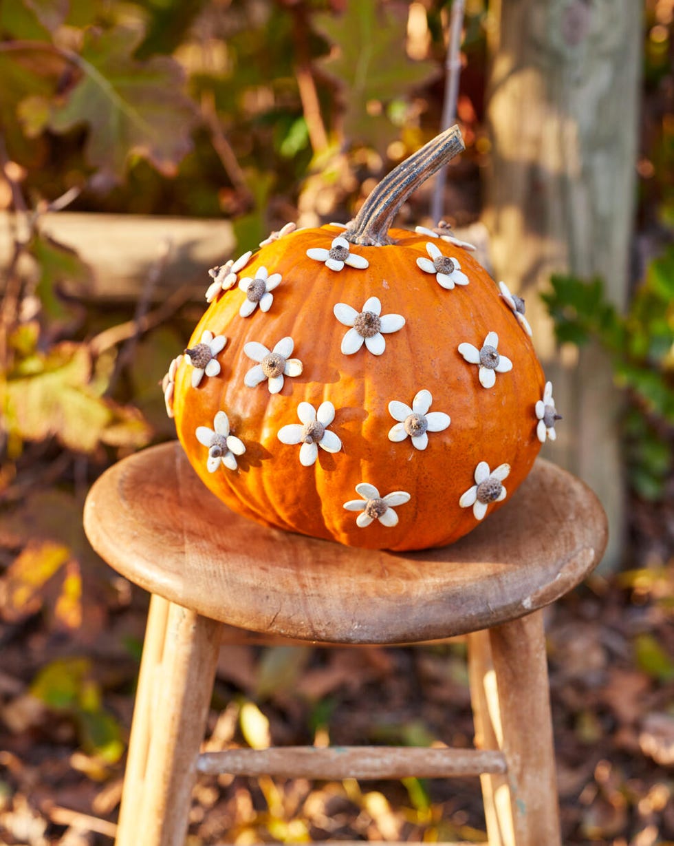 an orange pumpkin covered in flowers made from pumpkin seeds and acorn tops set on a stool infront of a fence with fall foliage